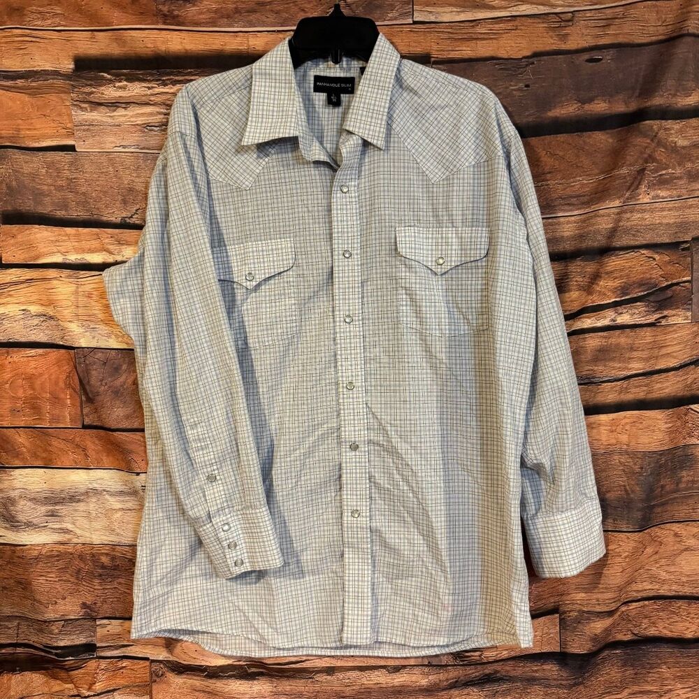 PANHANDLE SLIM Men's Blue White Plaid Western Button-Down Shirt L 34